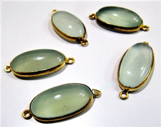2 Pcs Set Aqua Chalcedony Oval Shape 12x20mm Briolette Connectors Aqua Hydro Quartz Stone Double  Loop Bezel Jewelry Making Bezel Connectors