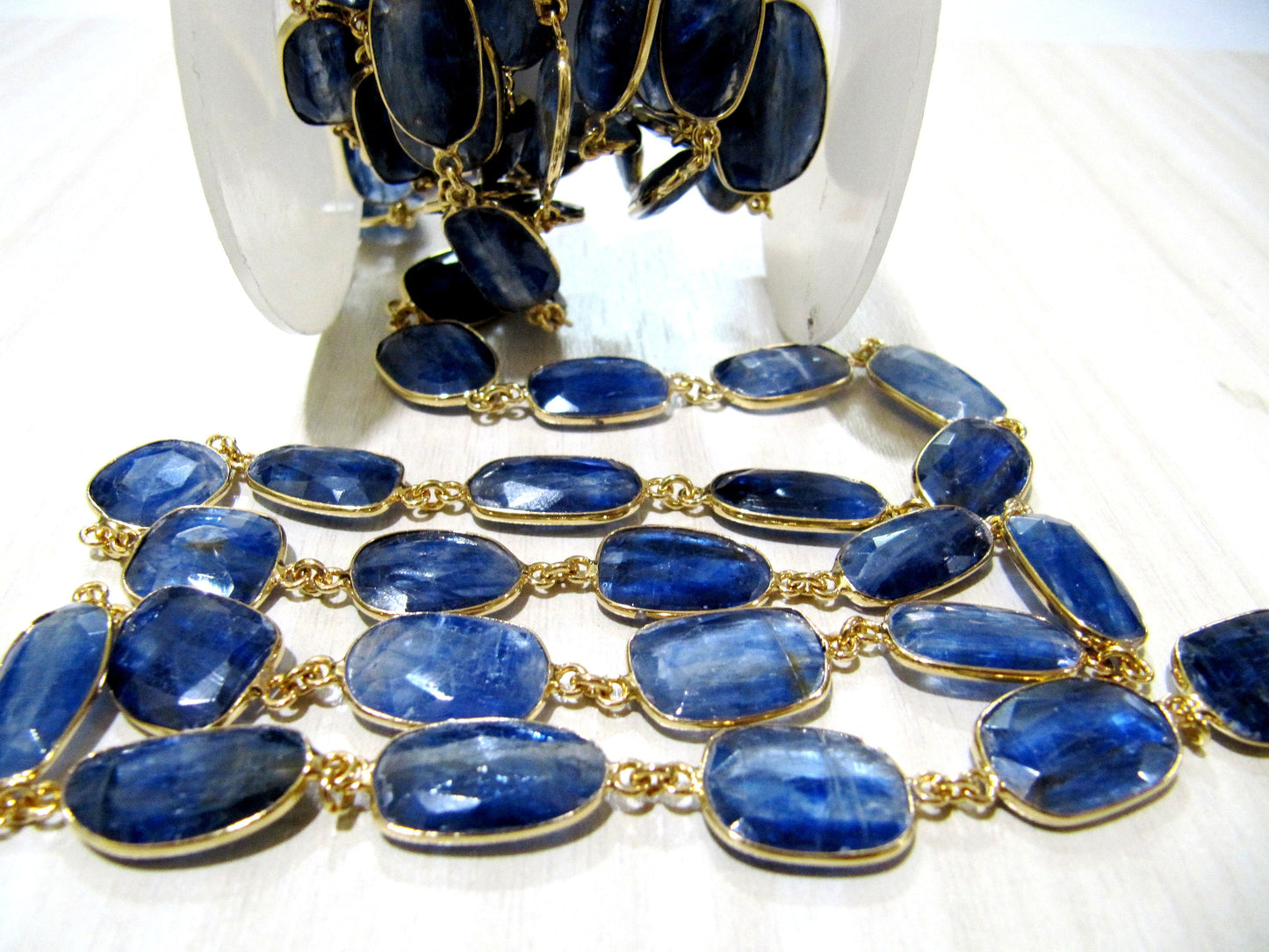 Natural Blue Kyanite Uneven Free Shape Briolette Bezel Connector Chain Size 12 to 17mm High Quality Handmade Gemstone Chain Sold Per Foot