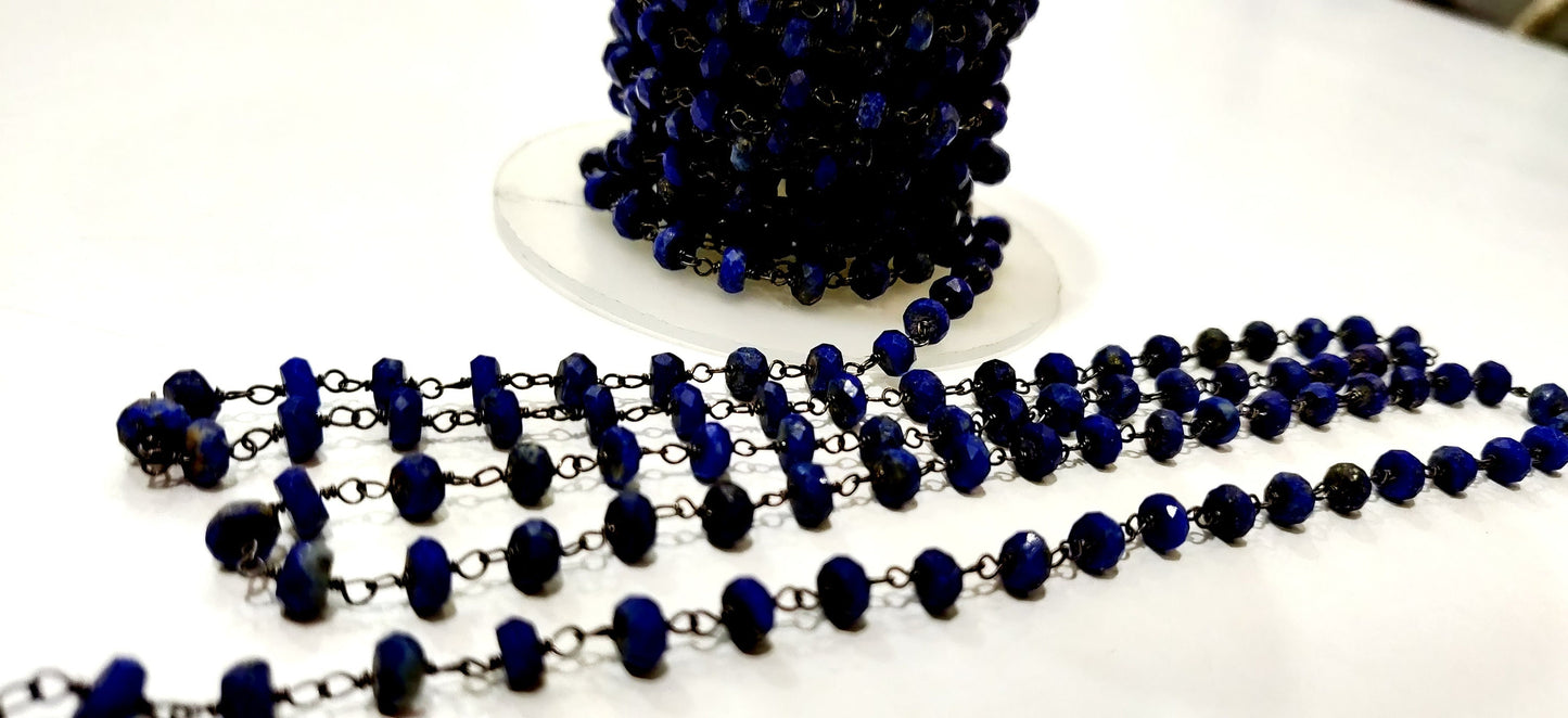 Natural  Lapis Lazuli Rosary Chain Faceted Rondelle  5mm Beaded Chain Wire Wrap , Jewelry Making Aati Chain Wholesale Rates Sold per foot