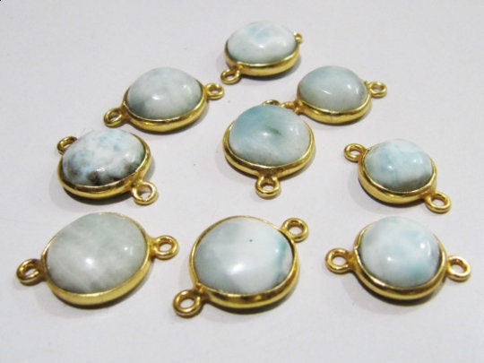 2 Pcs Set Natural Larimar Round Coin Shape Plain Smooth Bezel Connectors Larimar Stone Double  Loop Bezel Jewelry Making Bezel Connectors