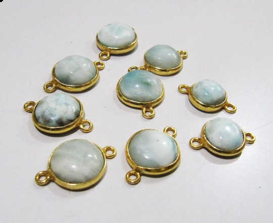 2 Pcs Set Natural Larimar Round Coin Shape Plain Smooth Bezel Connectors Larimar Stone Double  Loop Bezel Jewelry Making Bezel Connectors