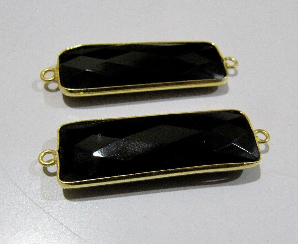 2 Pcs Set-Black Onyx Baguette Shape 30X12mm Briolette Connectors Hydro Quartz Black Double Loop Bezel Top Quality Wholesale prices