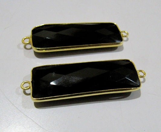 2 Pcs Set-Black Onyx Baguette Shape 30X12mm Briolette Connectors Hydro Quartz Black Double Loop Bezel Top Quality Wholesale prices