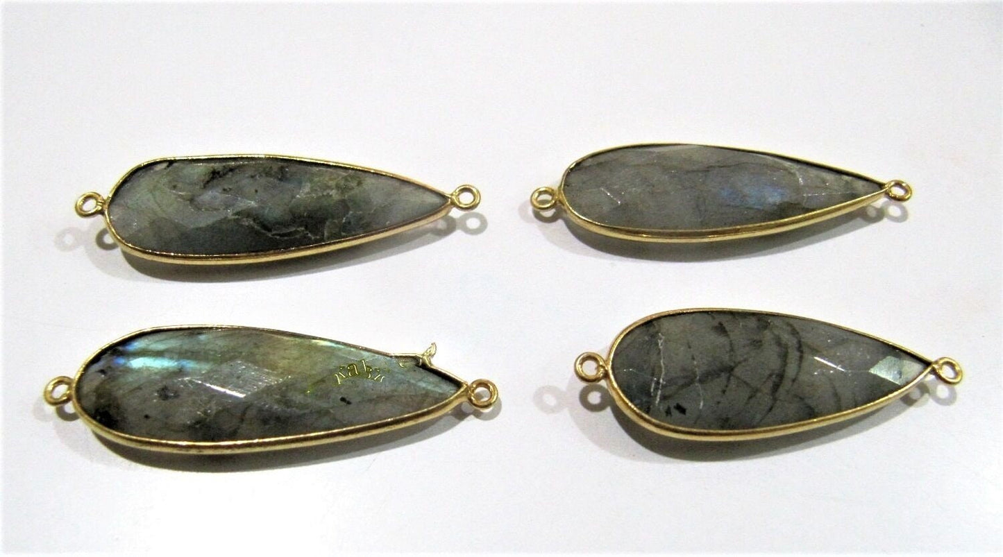 4 Pcs Set Natural Labradorite Long Pear Shape 10x28 to 12x30mm Briolette Connectors Gray Stone Double Loop Bezel Jewelry Making Connectors