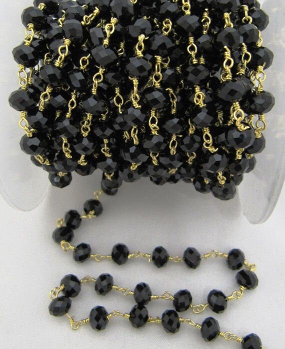 3 Ft- Black Spinel Beaded Rosary Chain Hydro Quartz Rondelle Faceted 6mm Black Onxy Beads Wire Wraped Aati Chain Wholesale Prices
