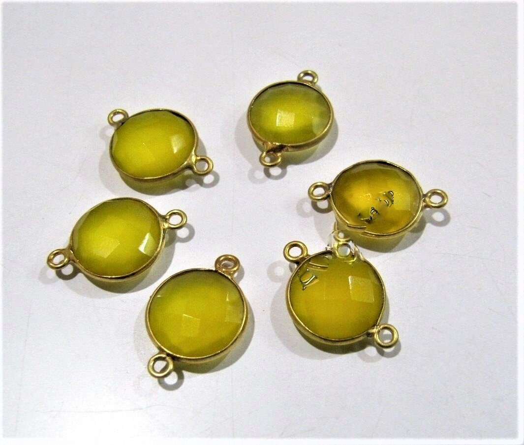 2 Pcs Set Yellow Chalcedony  Briolette Connector Round Coin Shape Bezels 12MM Size Double Loop Bezel