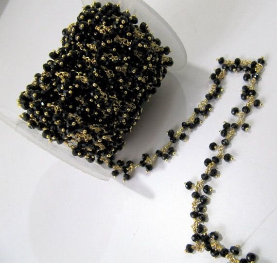 Black Spinel Rondelle Faceted Hydro Quartz  3-4mm Beads Chain Beaded Thick Cluster Dangling Chain  Sold per foot