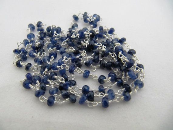 Natural Blue Sapphire  Rondelle Faceted 3-4mm Beads Wire Wrapped Sterling Silver Rosary Chain Wholesale Prices Jewelry chain sold per foot