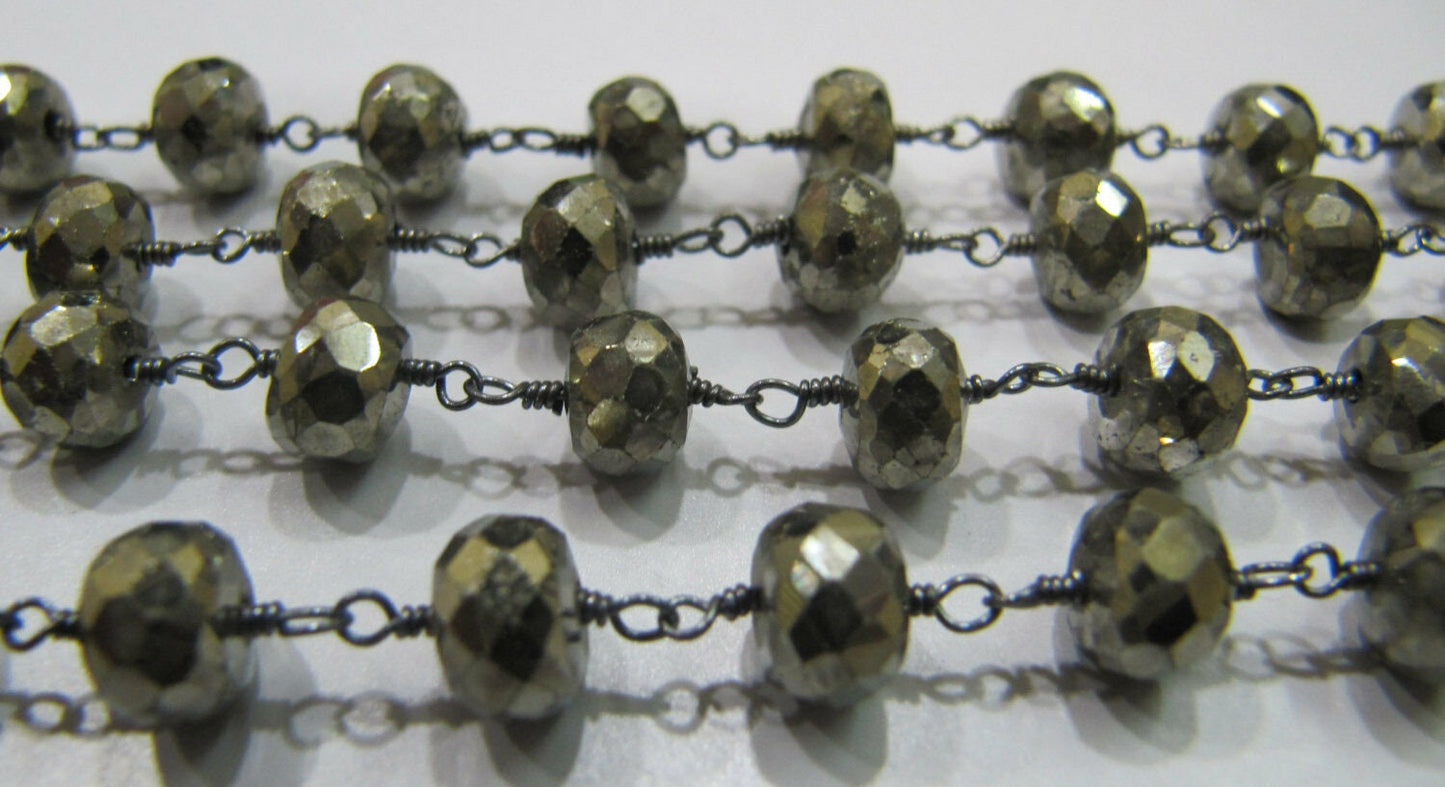 Natural Pyrite 5-6mm Rondelle Faceted Beaded Wire Wrapped Rosary Aati Chain Wholesale Price Jewelry making chain sold per foot
