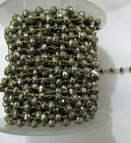 Natural Pyrite 5-6mm Rondelle Faceted Beaded Wire Wrapped Rosary Aati Chain Wholesale Price Jewelry making chain sold per foot