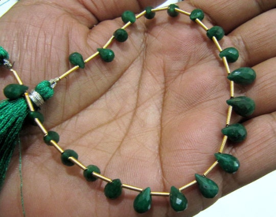 Natural Emerald  Corundum Tear Drops 5x6mm To 9x14mm Graduated Briolette Beads Jewelry Making Beads Strand 8 Inches Long Sold Per Strand