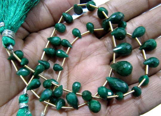 Natural Emerald  Corundum Tear Drops 5x6mm To 9x14mm Graduated Briolette Beads Jewelry Making Beads Strand 8 Inches Long Sold Per Strand