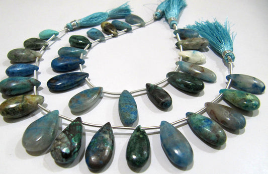 Natural Blue Chrysocolla Pear Shape Plain Smooth Briolette 8x12mm To 9x14mm Graduated Jewelry Making Beads Strand 8 Inches Long