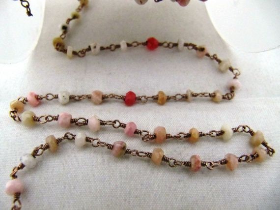 Natural Pink Opal  Rondelle Faceted 3-4mm Size Beaded Opal Wire Wrapped Rosary Chain Wholesale Prices Handmade Jewelry chain sold per foot