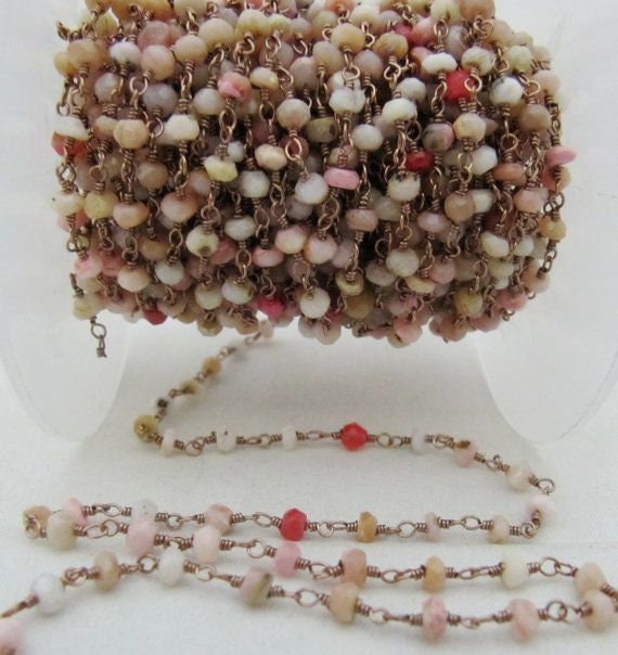 Natural Pink Opal  Rondelle Faceted 3-4mm Size Beaded Opal Wire Wrapped Rosary Chain Wholesale Prices Handmade Jewelry chain sold per foot