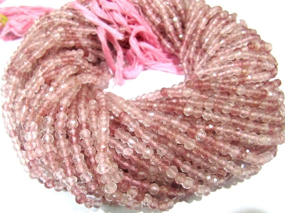 Natural Strawberry Quartz Size 3 To 3.5mm Round Shape Faceted Beads Pink Color Beads Strand 13 Inches Long Jewelry Making beads