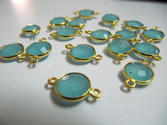 5 Pc Set-: Aqua Chalcedony Coin Shape Connectors Double Loop 10 mm to 11 mm, Briolette Bezel 24Kt Gold Plated  Wholesale Price