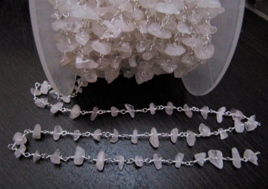 Natural Rose quartz Wire Wrapped Rosary Chain Rose Quartz Nugget Chip Uncut Beads Rosary Chain / Gemstone Chain- Wholesale Rate per foot
