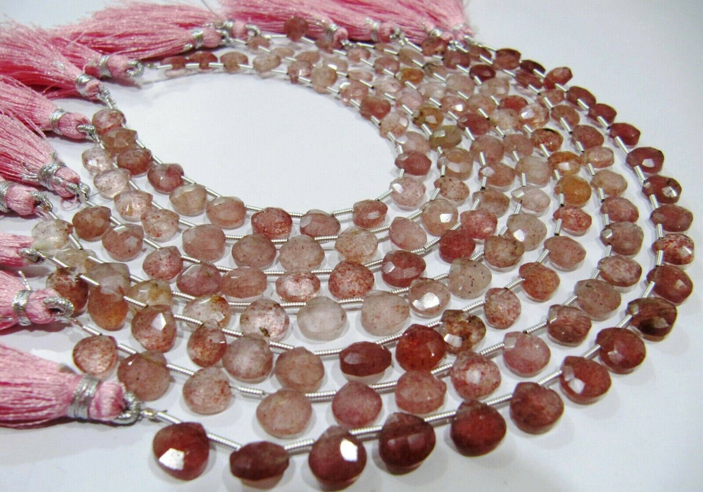 Natural Strawberry Quartz heart Shape Briolette Faceted size 8mm beads strand 8 inches long Jewelry Making Pink Color Gemstone Beads