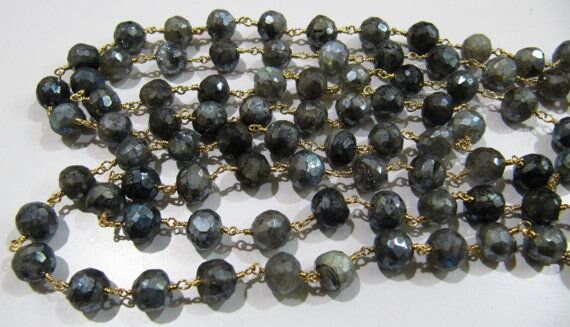 Natural Labradorite Mystic Coated Faceted Round Beads Chain Wire Wrapped 8mm Rosary Chain-Sold per Foot Wholesale Price Jewelry Making chain