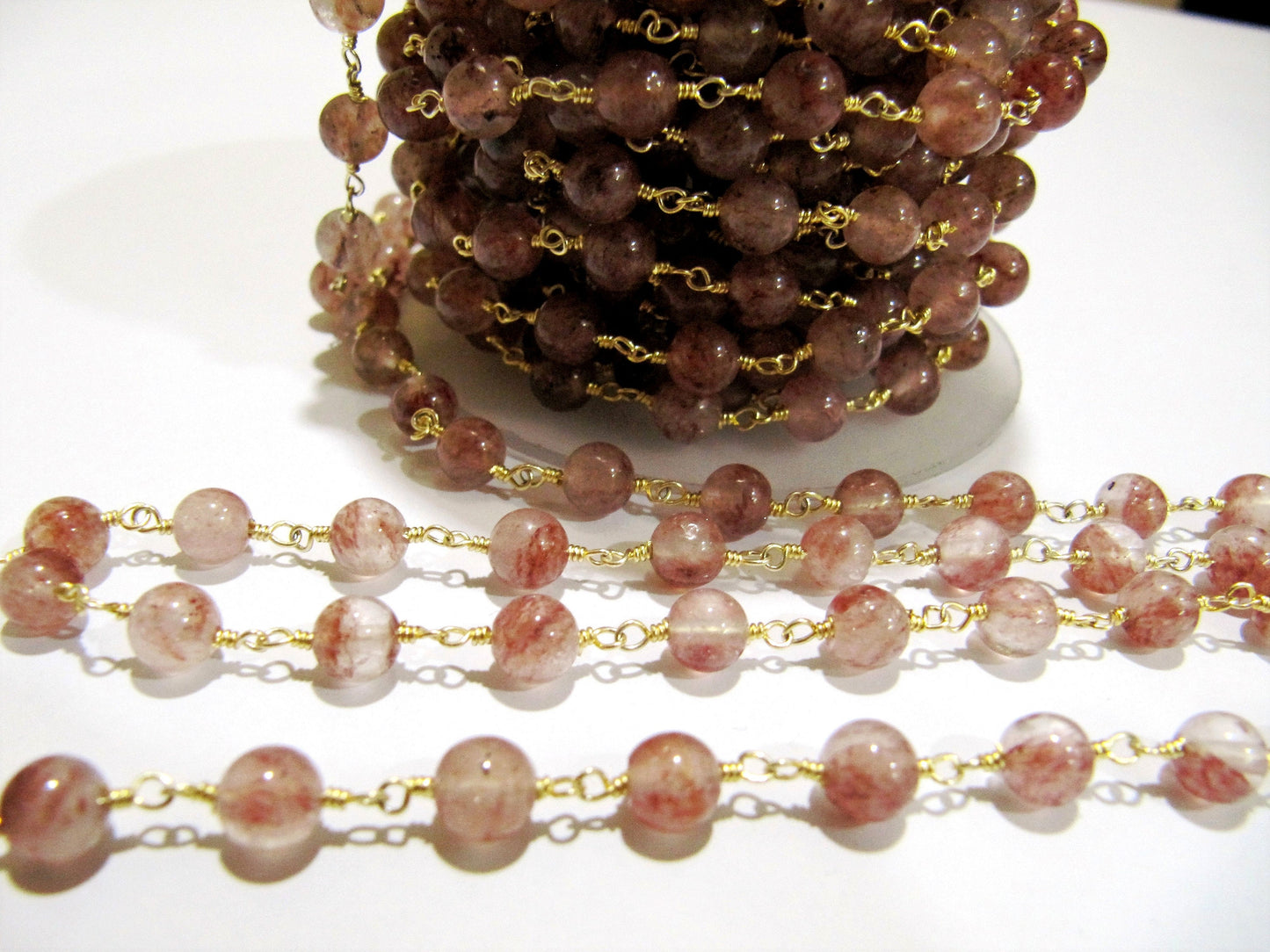 Natural Strawberry Quartz Round Plain Smooth 6mm  Beaded Rosary Wire Wrapped Chain  Wholesale Price Handmade Jewelry Making chain PER FOOT