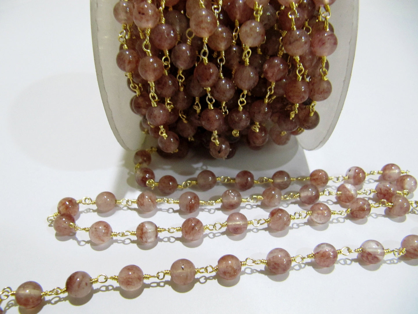 Natural Strawberry Quartz Round Plain Smooth 6mm  Beaded Rosary Wire Wrapped Chain  Wholesale Price Handmade Jewelry Making chain PER FOOT