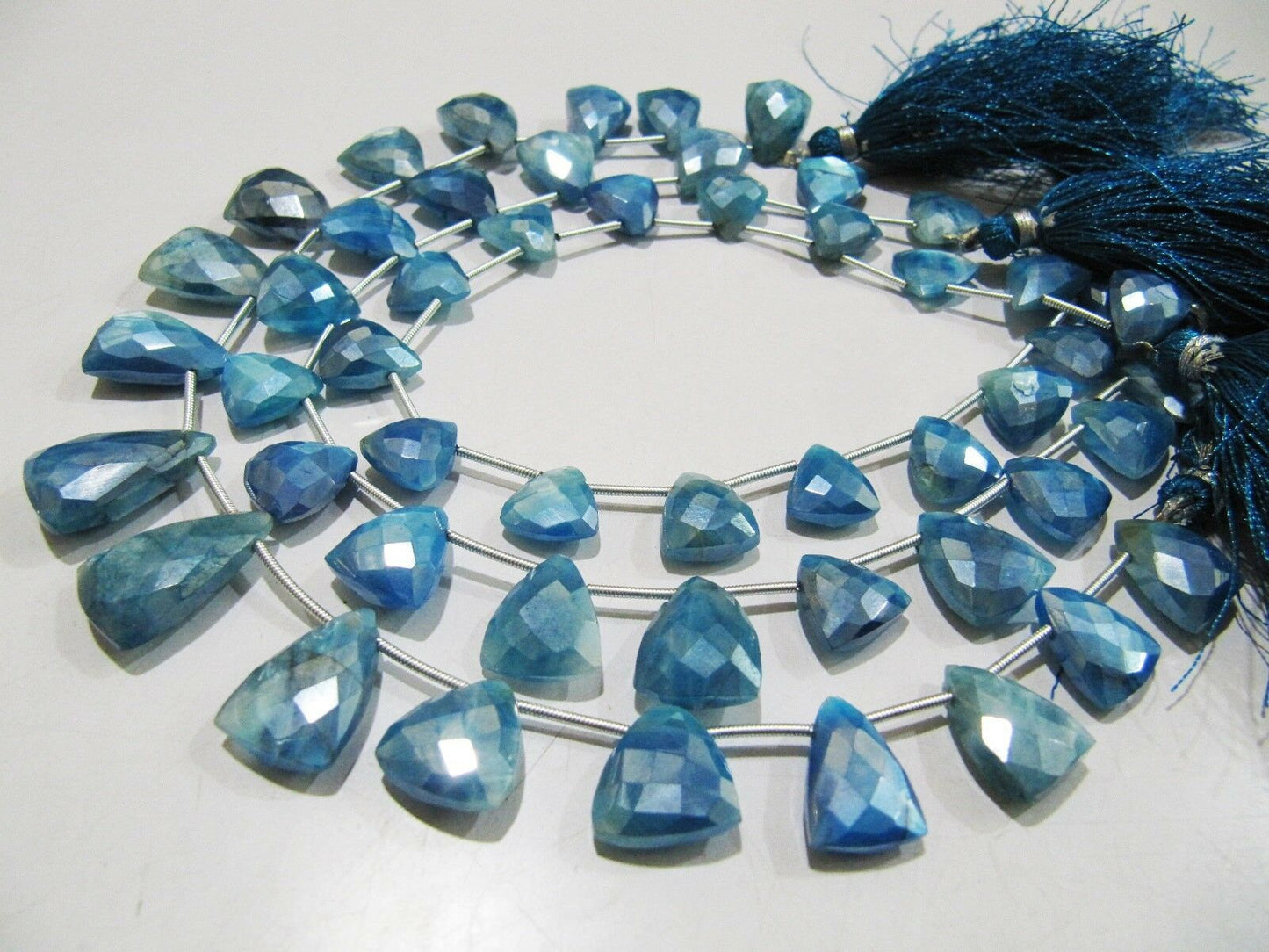 Natural Blue Topaz Color Moonstone Beads Trillion Shape Faceted AB Coated Moonstone Beads 16-18mm Strand 10 inches Far Size Beads