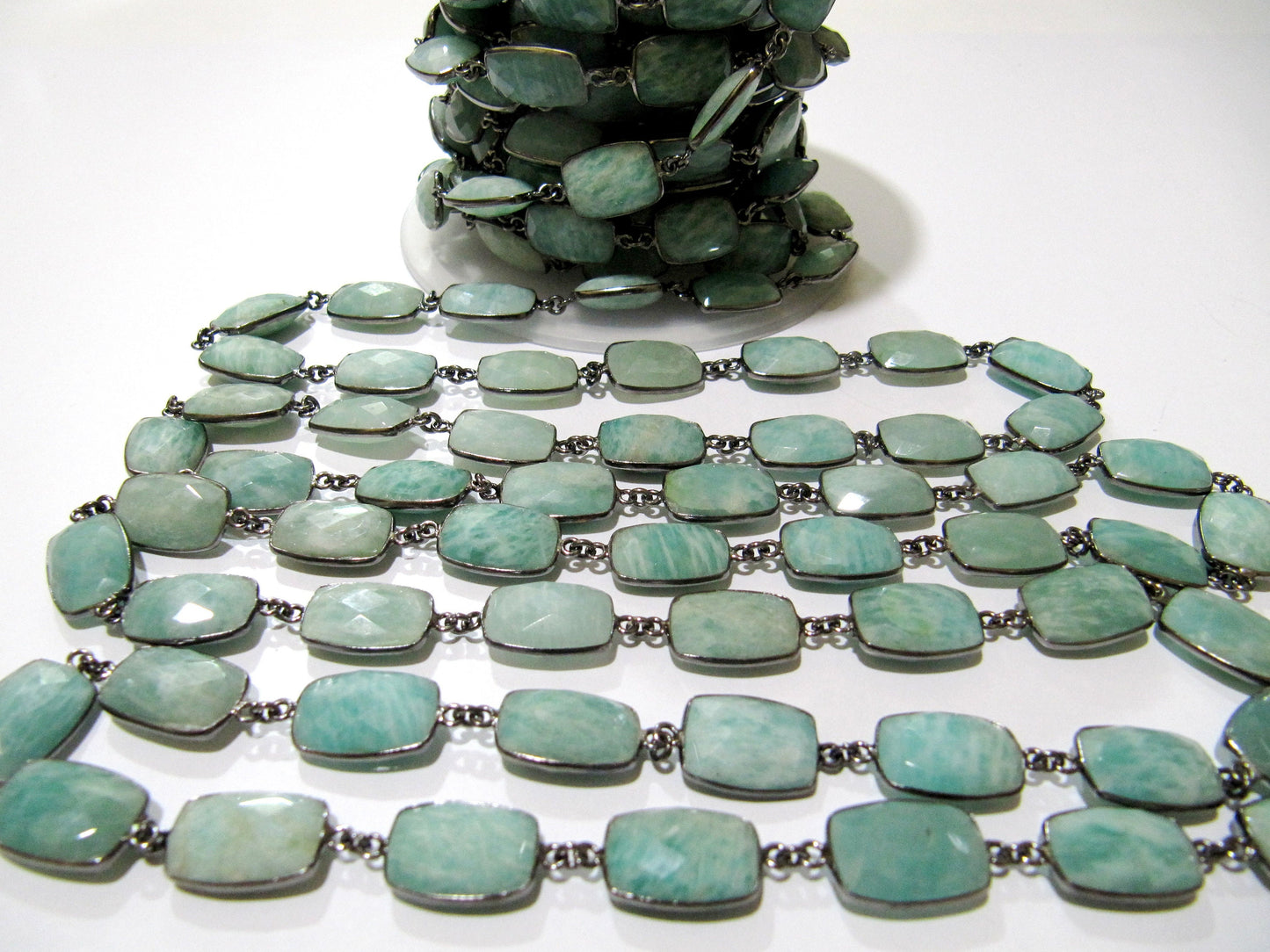 Natural Amazonite Rectangle Cushion Shape Briolette Faceted 10X15mm Bezel Connector Chain Sold Per Foot High Quality Wholesale Prices