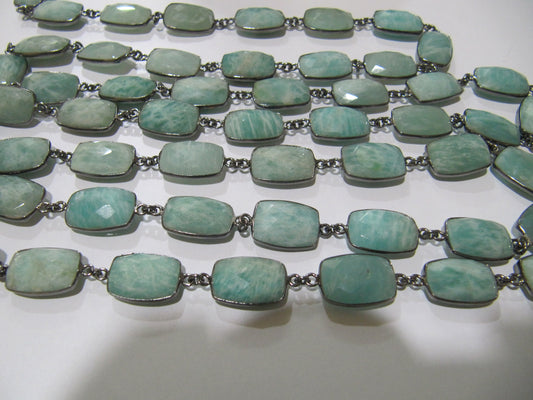 Natural Amazonite Rectangle Cushion Shape Briolette Faceted 10X15mm Bezel Connector Chain Sold Per Foot High Quality Wholesale Prices