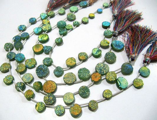 Natural Titanium Coated Agate Green Druzy Round Shape Briolette Beads Jewelry Making Beads Strand 10 Inches Long Sold Per Strand
