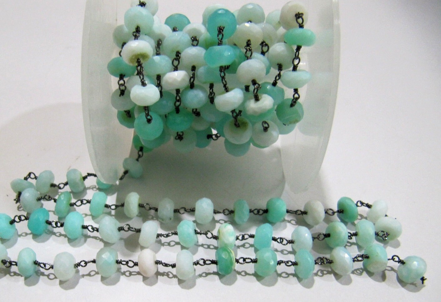 Natural Blue Opal  Rondelle Faceted 8mm Beaded Chain Peruvian Opal Rosary Handmade Chain Wholesale Prices Blue gemstone chain Per foot