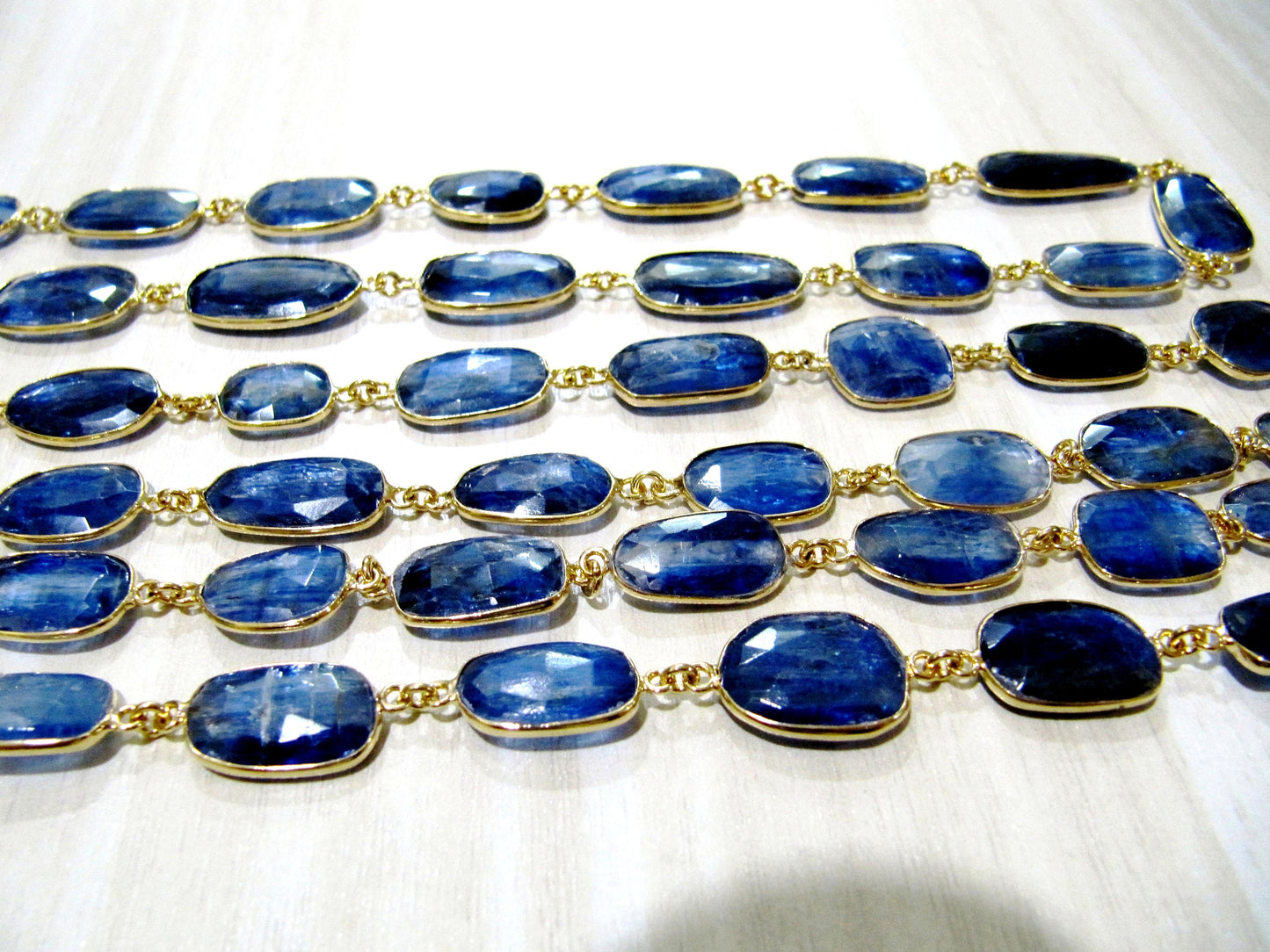 Natural Blue Kyanite Uneven Free Shape Briolette Bezel Connector Chain Size 12 to 17mm High Quality Handmade Gemstone Chain Sold Per Foot