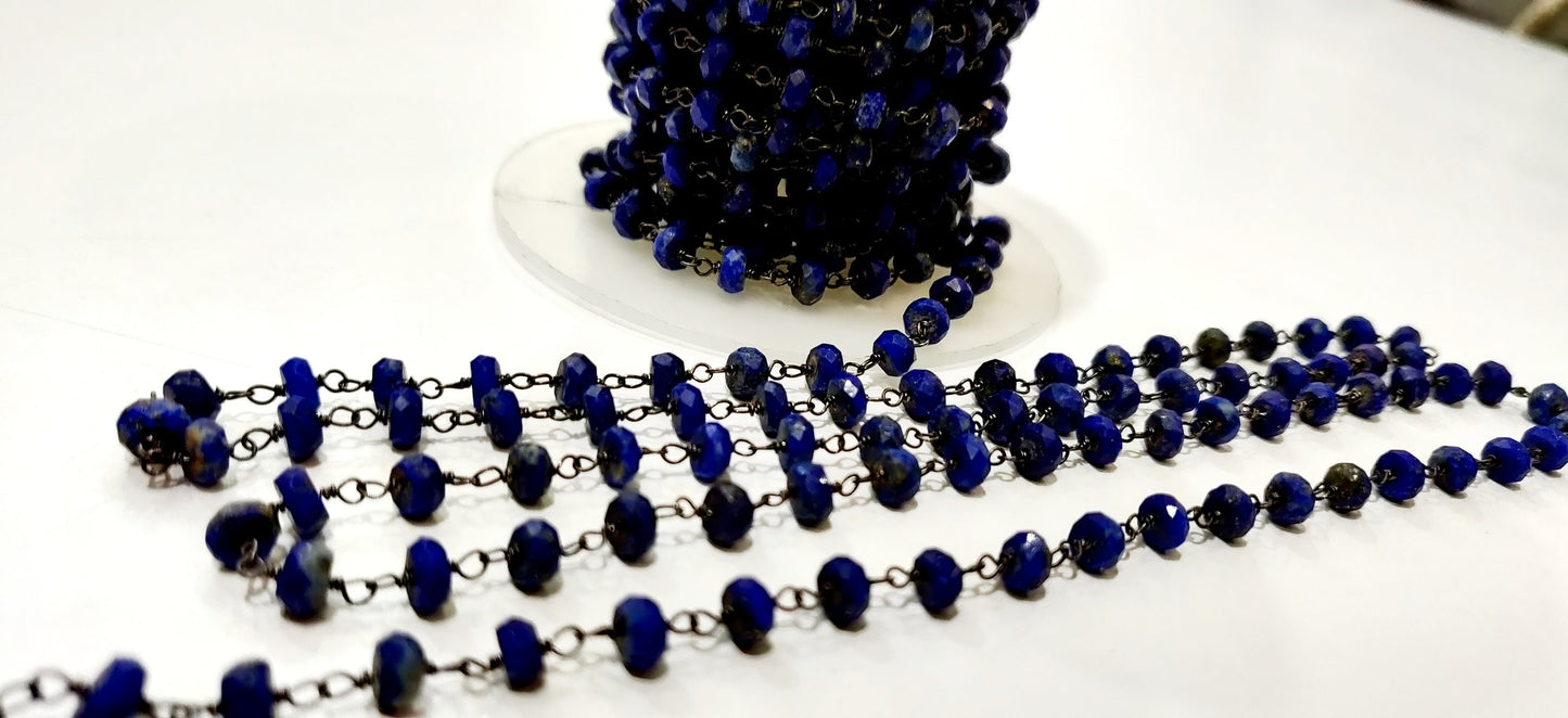 Natural  Lapis Lazuli Rosary Chain Faceted Rondelle  5mm Beaded Chain Wire Wrap , Jewelry Making Aati Chain Wholesale Rates Sold per foot