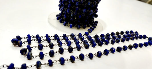 Natural  Lapis Lazuli Rosary Chain Faceted Rondelle  5mm Beaded Chain Wire Wrap , Jewelry Making Aati Chain Wholesale Rates Sold per foot