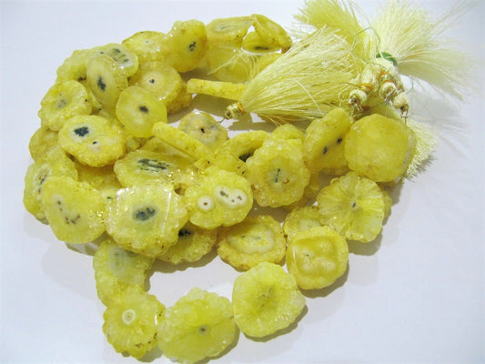 Natural Lemon Color Solar Quartz Druzy Stalactite Slice Beads Size approx 20 to 30mm Sold per Strand 10 inches long Wholesale Prices
