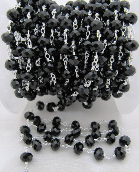 3 Ft- Black Spinel Beaded Rosary Chain Hydro Quartz Rondelle Faceted 6mm Black Onxy Beads Wire Wraped Aati Chain Wholesale Prices