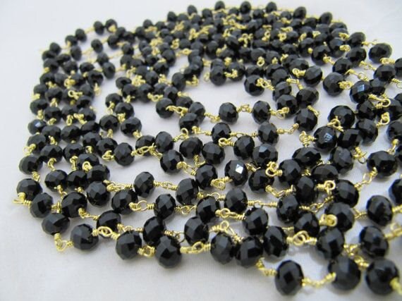 3 Ft- Black Spinel Beaded Rosary Chain Hydro Quartz Rondelle Faceted 6mm Black Onxy Beads Wire Wraped Aati Chain Wholesale Prices