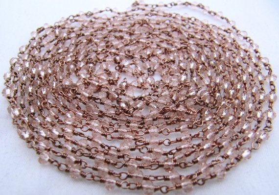 3 Ft- Pink Quartz  Rondelle Faceted wire wrapped Aati 3mm Hydro quartz beaded Rosary chain High Quality Wholesale Price
