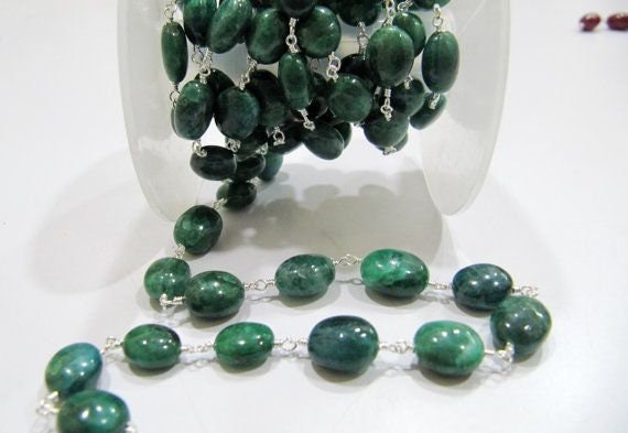 Natural Emerald Rosary Chain Smooth Oval Beads 9mm to 12mm Beryl Emerald Beaded Chain Sold Per FOOT Jewelry Making chain