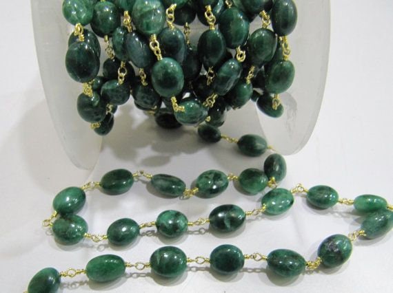 Natural Emerald Rosary Chain Smooth Oval Beads 9mm to 12mm Beryl Emerald Beaded Chain Sold Per FOOT Jewelry Making chain
