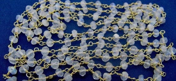1 Foot-: Natural White Rainbow Moonstone Rondelle Faceted 3-4mm Beaded Wire Wrapped Rosary Chain Wholesale Prices Handmade Jewelry Chain