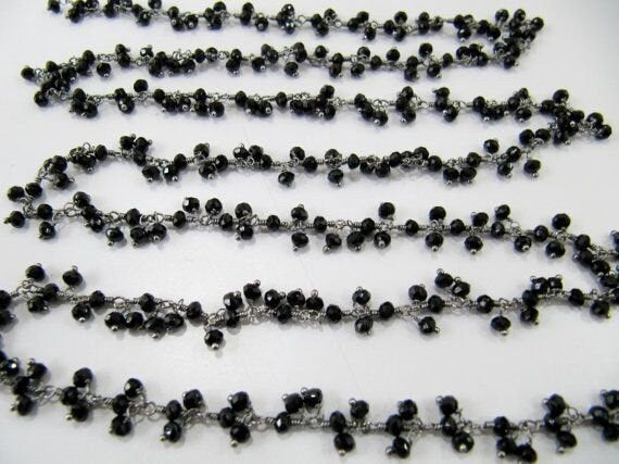 Black Spinel Rondelle Faceted Hydro Quartz  3-4mm Beads Chain Beaded Thick Cluster Dangling Chain  Sold per foot