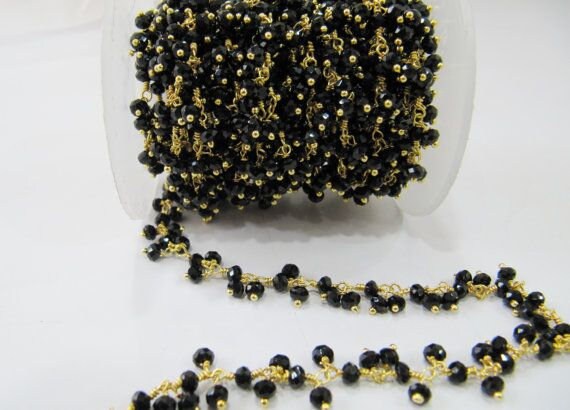 Black Spinel Rondelle Faceted Hydro Quartz  3-4mm Beads Chain Beaded Thick Cluster Dangling Chain  Sold per foot