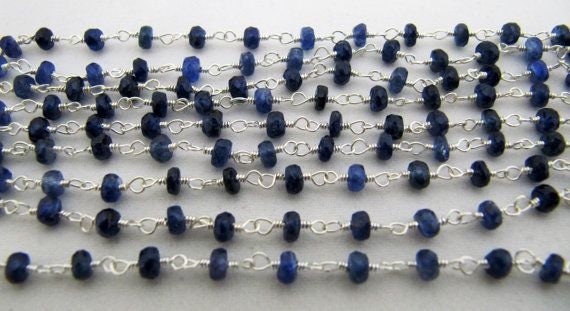 Natural Blue Sapphire  Rondelle Faceted 3-4mm Beads Wire Wrapped Sterling Silver Rosary Chain Wholesale Prices Jewelry chain sold per foot