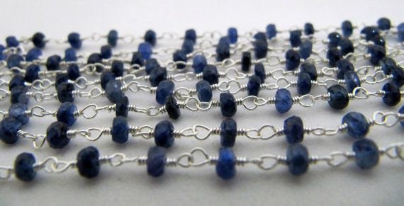 Natural Blue Sapphire  Rondelle Faceted 3-4mm Beads Wire Wrapped Sterling Silver Rosary Chain Wholesale Prices Jewelry chain sold per foot