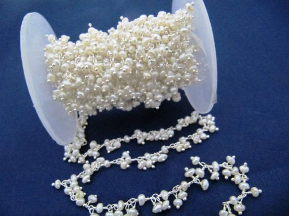Natural Pearl Rondelle 3mm Beads Cluster Chain Real Pearl Beaded Dangling Chain Wholesale Price Gemstone Handmade Jewelry sold Per FOOT