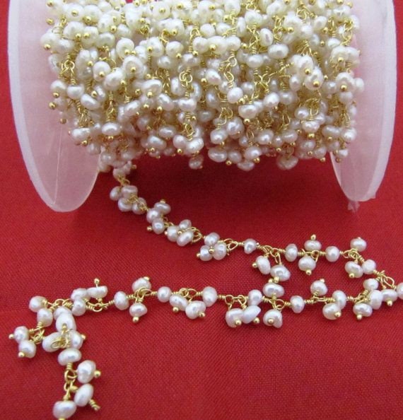 Natural Pearl Rondelle 3mm Beads Cluster Chain Real Pearl Beaded Dangling Chain Wholesale Price Gemstone Handmade Jewelry sold Per FOOT