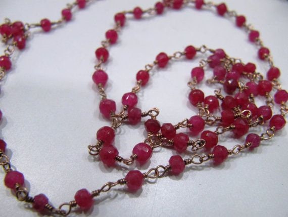 Ruby Quartz Rondelle Faceted  3-4mm Beads wire wrapped Rosary Chain Wholesale Prices Jewelry Making Gemstone chain sold per foot