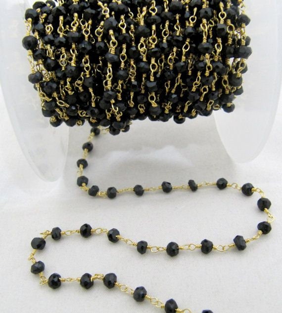3 Ft- Black Spinel Beaded Rosary Chain Hydro Quartz Rondelle Faceted 3-4mm Black Onyx Beads Wire Wraped Aati Chain Wholesale Prices