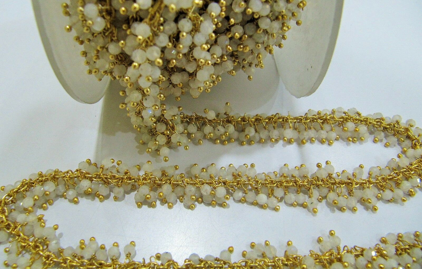Natural White Rainbow Moonstone Rondelle Faceted 3mm Beads Chain Wire Wrap Dangling Beaded Cluster Chain Sold Per Foot Wholesale Price
